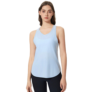 Débardeur sans couture pour femme, col en V, couleur unie, dos en maille respirante, sans manches, pour yoga et fitness, bleu clair et blanc - Product Image 2