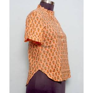 Chemisier d'été décontracté à col mandarin et manches courtes, coupe classique, imprimé floral vintage, 100 % coton lavable, touche féminine - Product Image 4