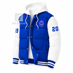 เสื้อแจ็คเก็ตพัฟเฟอร์ Zeta Phi Beta แบบสั่งทำพิเศษ ปักโลโก้ด้านหน้า สีน้ำเงินและสีขาว แขนยาว สำหรับผู้หญิง - Product Image 1