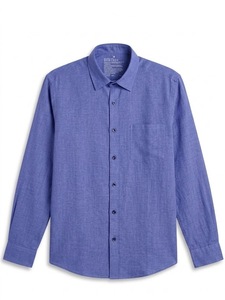 Camisa de vestir de lino y algodón azul para hombre, manga larga, cuello vuelto, color sólido, antiarrugas, estilo casual elegante para primavera - Product Image 3