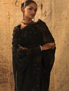 Sari de fiesta KV con borde de seda adornado con cuentas negras, blusa sin coser, sin arrugas, hasta la rodilla - Product Image 2