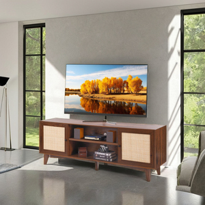 Moderno Mueble para TV de Ratán y Nogal Estilo Boho con Enchufe Integrado y Almacenamiento para Sala de Estar, Hotel y Apartamento, 65 Pulgadas o Más - Product Image 4