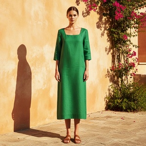 Robe Confortable Grande Taille pour Femme en Coton Biologique, Col en V, Manches Cloche, Longueur Midi, Coupe Trapèze, Taille Haute, Respirante - Prix de Gros - Product Image 1