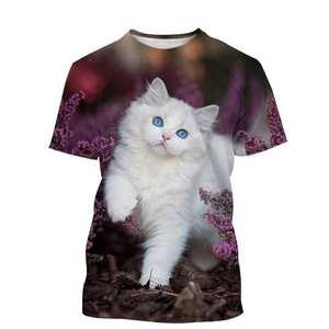 T-shirt décontracté d'été pour homme, imprimé 3D, col rond, manches courtes, grande taille, respirant, avec motif chat et fleurs, style naturel - Product Image 3