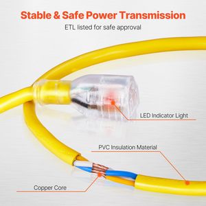 Cavo di Prolunga Elettrico per Interni/Esterni da 30 Metri, 12AWG, 15 Ampere, 1875W, 3 Poli con Estremità Illuminata, Flessibile fino a -40°C - Product Image 4