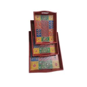 Plateaux de service en bois faits à la main, design Art Déco, lot de 3 pour mariage et Diwali - Product Image 1