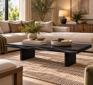 Table basse en bois massif de style mid-century avec bord naturel, mobilier moderne pour salon, table organique durable en bois d'acacia noir - Product Image 1