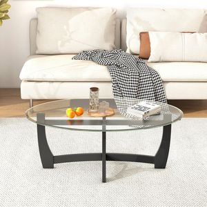 Tavolino ovale con piano in vetro temperato resistente ed eleganti gambe in legno di gomma - Product Image 4