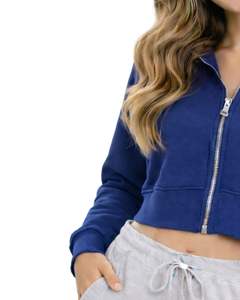 Sweat-shirt à capuche zippé court personnalisé bleu marine pour femme, à manches longues, en molleton décontracté, style streetwear et activewear - Product Image 5