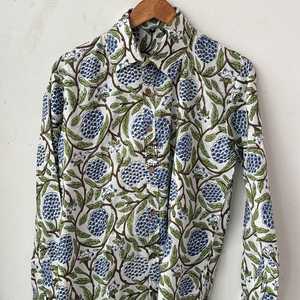 Women's Cotton Woven Block Printed Floral Button Shirt Long Sleeve Casual <b>Spring</b> Summer Style Loose Fit Front White Blue Green - Product Image 3