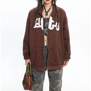 Sweat-shirt à capuche zippé en coton mélangé, imprimé flocage lettres, style streetwear décontracté, polyvalent, coupe ample et épaisse, basique - Product Image 2