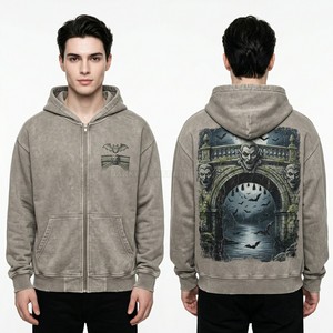 Vintage Wash Zip Up Hoodie Men Custom Full Graphic Print Streetwear Hoody Acid Wash Heavyweight Cotton Zipper Sweatshirt Factory - Product Image 4