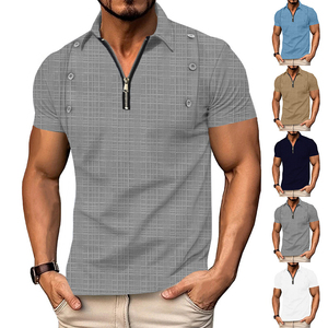 Modern Zipper Casual <b>Neck</b> <b>Polo</b> Gray Plaid Short Sleeve <b>Polo</b> Shirt Casual Zipper Button Collar <b>Top</b> - Product Image 4