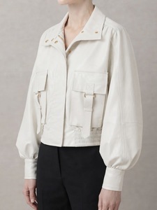 Women's Fashion White Faux <b>Leather</b> Jacket Casual Stand Collar Puff Sleeve Utility Cargo Jacket - Product Image 2