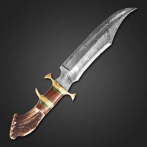 Couteau en acier au carbone à bord partiellement dentelé, manche en bois de cerf, pour le camping et les activités de plein air, avec étui en cuir - Product Image 3