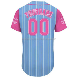 Camiseta de Béisbol Personalizada, Azul Claro con Rayas Rosas, Manga Corta, Cierre de Botones, Unisex, para Adultos, Transpirable, de Poliéster, con Nombre del Equipo Impreso - Product Image 2
