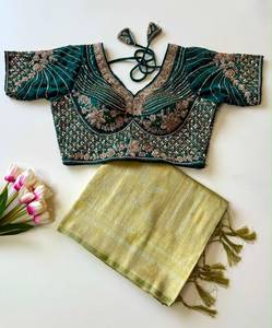 Sari de seda suave con tejido jacquard de diseño, adornado con cuentas y bordados, y blusa de satén Fandy completamente cosida. - Product Image 2