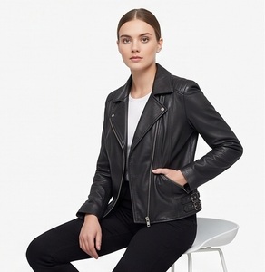 Chaqueta de Motociclista para Mujer, de Cuero de Oveja Genuino, Ecológica, Resistente al Viento, Negra Clásica, con Cierre Frontal Asimétrico Personalizado, para Invierno, Venta al Por Mayor - Product Image 2