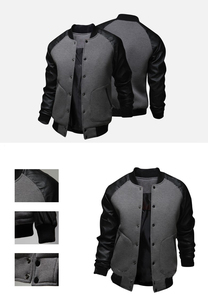 Blouson bomber pour homme en cuir PU gris à manches longues, style automne, avec blocs de couleur - Product Image 5