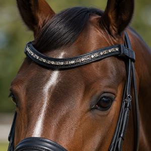 Brida Curva de Cuero Negro para Caballo con Cadena de Cristales Plateados, Cómoda, Duradera, Personalizable en Color/Logotipo/Tamaño - Product Image 1