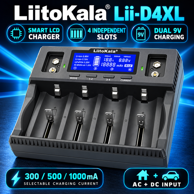 Stock LiitoKala Lii-D4XL 4 Slot Smart LCD Battery Charger for 32700 26650 21700 18650 AA AAA C D 9V Li-ion LiFePO4 NiMH