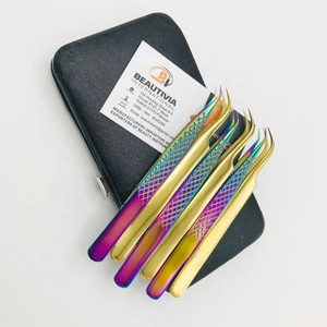 Gold and Rainbow Plasma Sustainable Steel Eyelash Extension Tweezers with Pointed Tip <b>Magnetic</b> Case for <b>Lashes</b> - Product Image 1