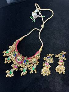 TISHYA DIAMOND Ethnic Gold Plated Round Brilliant Cut Necklace Earring <b>Set</b> with Imitation <b>Pearl</b> Tassel for Women Wedding <b>Jewelry</b> - Product Image 3
