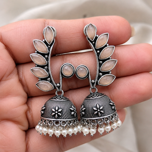 Monalisa Stone Antique <b>Silver</b> Plated Brass <b>Dangle</b> Jhumka <b>Earrings</b> with Lovers Design for Women Party Wear Trendy Style - Product Image 4