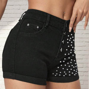 Women High Waist Black Denim Shorts With Rhinestone <b>Decoration</b> Asymmetric Style <b>Summer</b> Wear - Product Image 2