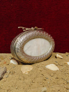 Indian Handcrafted Brass Oval Clutch with Engraved Frame Mother Pearl Inlay Luxury Evening Wedding Party Handbag - Product Image 2