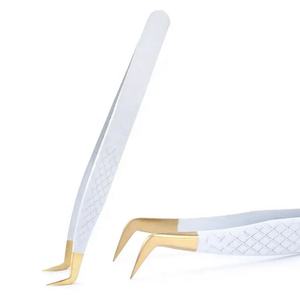 Pinzas Profesionales para Extensión de Pestañas en Forma de L, Color Dorado y Blanco, Herramientas Curvas para Pestañas para Uso en Salón - Product Image 1