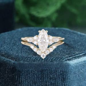 Anillo de Compromiso con Moissanita Corte Marquesa, Conjunto Nupcial Vintage, Plata de Ley 925, Bañado en Oro de 14K, Anillo Curvo - Product Image 3