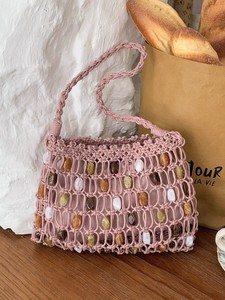 Bohemian Crochet <b>Shoulder</b> Bag With Stone Beads Hollow Out Design Summer Style Single <b>Strap</b> Women's Handbag - Product Image 3