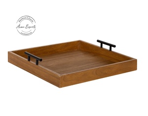 Bandeja de servicio de madera rústica Asas negras Decoración de granja Mesa de centro Acento Otomano - Product Image 1