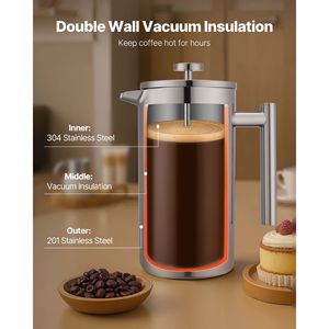 Caffettiera French Press 51 Once (1,5 Litri) in Acciaio Inossidabile, Grande Capacità 1L, Doppia Parete Isolata per Uso in Caffetteria - Product Image 2