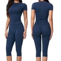Conjunto de Yoga de Cintura Alta Sin Costuras, Color Morado Sólido, Top Corto, Leggings de 3 Piezas, Cuello en V Profundo, Tirantes Finos, Transpirable, Largo Completo - Product Image 5