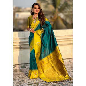 ผ้าไหมซารีทอแบบดั้งเดิมของอีลิท วีฟส์ ซาวธ์  ลายติลัก  ผ้าไหมเนื้อนุ่ม  ปักดิ้นทอง  สีฟ้าทะเล  ชุดเดรสสวยสง่า - Product Image 3