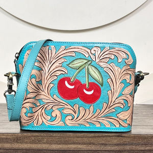 Women Fashionable Hand Tooled Leather Crossbody Bag Cherry Floral Design Western Handmade Genuine Leather Evening Shoulder Bags - Product Image 4