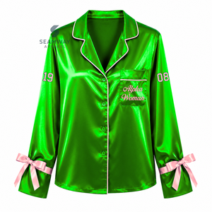 Alpha | Kapa | Alpha Women's Satin Pajama Set Long Sleeve Button-Up Embroidered Two Piece Sleepwear <b>Green</b> With Pink Trim - Product Image 2