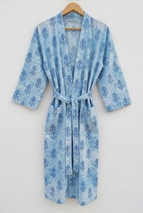Robe de nuit kimono en coton tissé à motifs floraux imprimés à la main, luxueuse et lisse, légère, pour l'été, vêtement de plage pour femmes, peignoir - Product Image 3