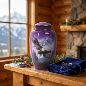 Urne en aluminium QUALCOSA PURPLE FLYING EAGLE pour cendres humaines, adulte, style américain, capacité de 220 pouces cubes, écologique et durable - Product Image 1