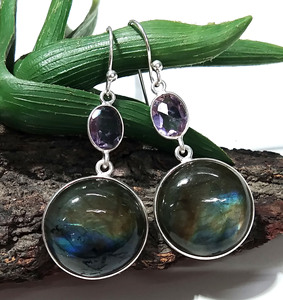 Labradorite Amethyst Drop <b>Earrings</b> Natural Gemstone Solid 925 Sterling <b>Silver</b> Handmade Dangle Bohemian Style Certified Wholesale - Product Image 3