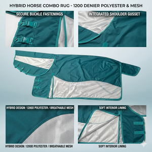 Alfombra de caballo de uso de doma de Verano de la mejor calidad 1200 Denier/malla híbrida Combo de tela Shell verde azulado correas transpirable UV Fly Protection - Product Image 3