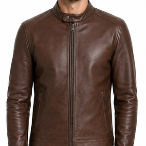 OEM Wholesale <b>Men's</b> Dark <b>Brown</b> Real <b>Leather</b> <b>Jacket</b> Classic Plain Simple design - premium streetwear - Product Image 2