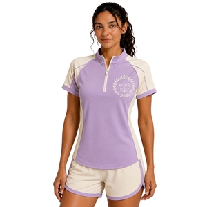 Conjunto deportivo de camiseta y pantalones cortos para mujer, color beige lavanda, con media cremallera, de secado rápido, manga corta, para gimnasio, fitness, correr y entrenamiento. - Product Image 1