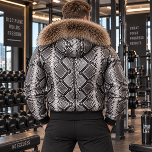 Luxury <b>Men's</b> Python Leather Bomber Jacket with Real Fox Fur Hood Fashion Biker <b>Coat</b> | Herren Lederjacke | Chaqueta Hombre Cuero - Product Image 2