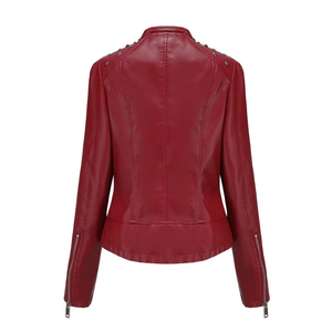 Women's Red PU Leather Moto Jacket Full Sleeve Stand Collar Zipper Closure Solid Color Biker Style Autumn Wear - Product Image 2