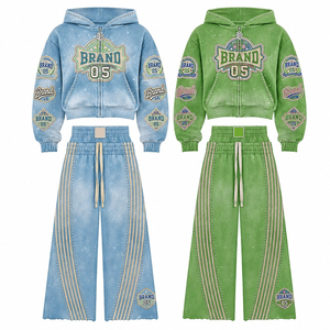 Women Solid Washed Varsity Patch Zip Hoodie Wide Leg Pants Set Rhinestone Studded Side Stripe <b>Y2K</b> Streetwear Customized - Product Image 1