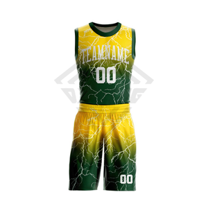 Uniformes de Baloncesto Sublimados Personalizados, Estampado Verde Amarillo Relámpago, Jersey y Pantalones Cortos Deportivos para Hombre, Venta Directa de Fábrica OEM - Product Image 2