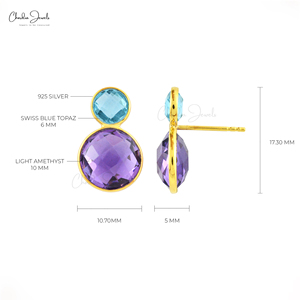 Top Quality 10MM Round Checkercut Amethyst & Swiss Blue Topaz Gemstone Stud <b>Earrings</b> 925 Sterling Silver Handmade <b>Earrings</b> Lot - Product Image 4
